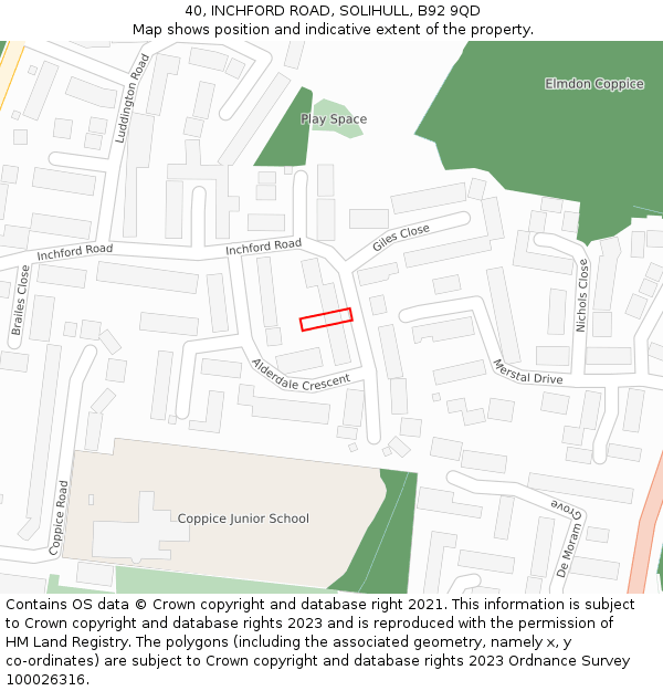 40, INCHFORD ROAD, SOLIHULL, B92 9QD: Location map and indicative extent of plot