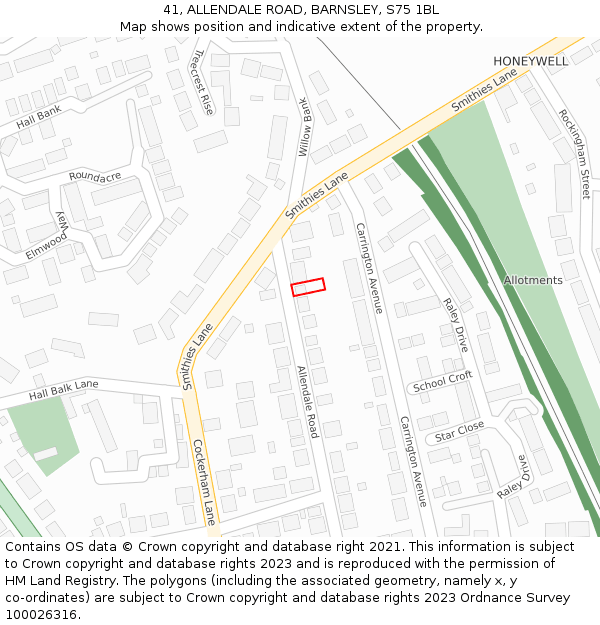 41, ALLENDALE ROAD, BARNSLEY, S75 1BL: Location map and indicative extent of plot