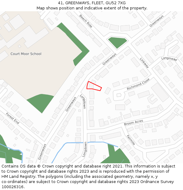 41, GREENWAYS, FLEET, GU52 7XG: Location map and indicative extent of plot