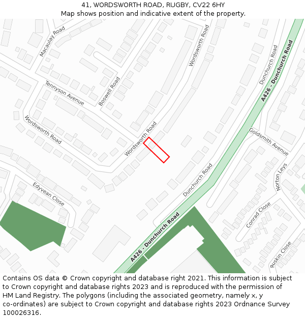 41, WORDSWORTH ROAD, RUGBY, CV22 6HY: Location map and indicative extent of plot