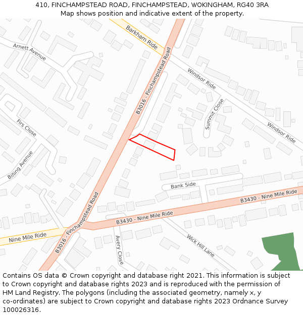 410, FINCHAMPSTEAD ROAD, FINCHAMPSTEAD, WOKINGHAM, RG40 3RA: Location map and indicative extent of plot