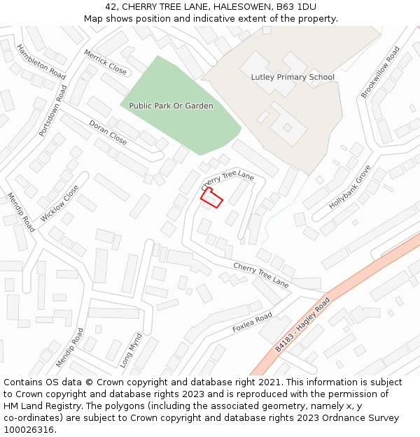 42, CHERRY TREE LANE, HALESOWEN, B63 1DU: Location map and indicative extent of plot