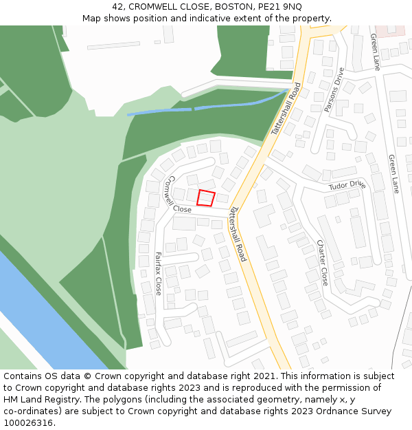 42, CROMWELL CLOSE, BOSTON, PE21 9NQ: Location map and indicative extent of plot