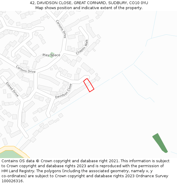 42, DAVIDSON CLOSE, GREAT CORNARD, SUDBURY, CO10 0YU: Location map and indicative extent of plot