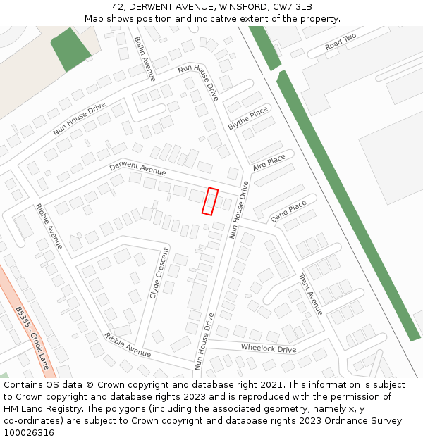 42, DERWENT AVENUE, WINSFORD, CW7 3LB: Location map and indicative extent of plot