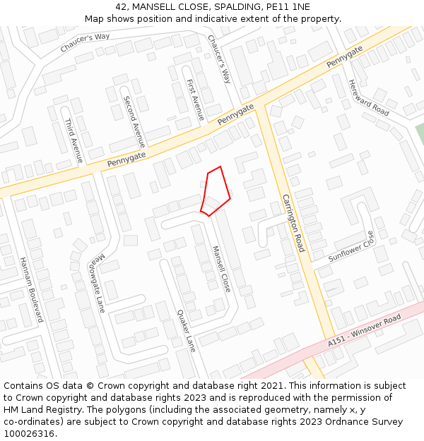 42, MANSELL CLOSE, SPALDING, PE11 1NE: Location map and indicative extent of plot