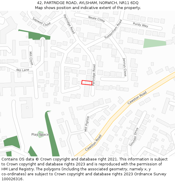 42, PARTRIDGE ROAD, AYLSHAM, NORWICH, NR11 6DQ: Location map and indicative extent of plot