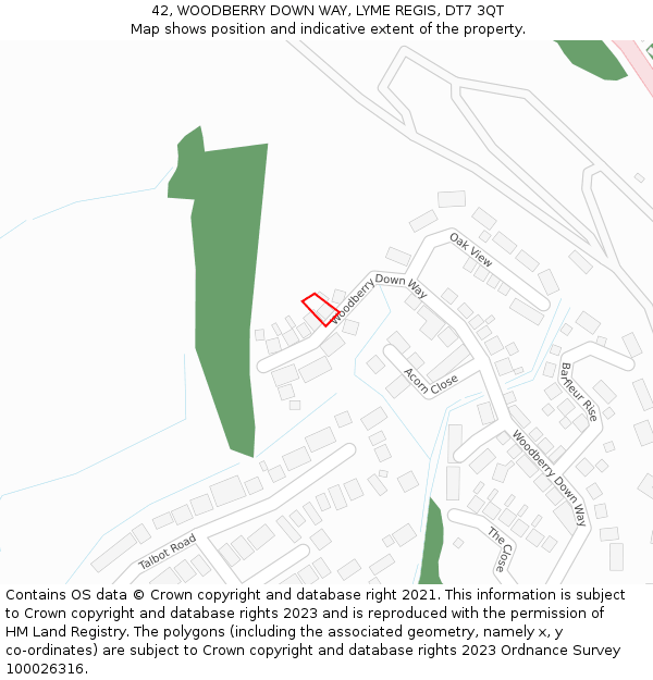 42, WOODBERRY DOWN WAY, LYME REGIS, DT7 3QT: Location map and indicative extent of plot
