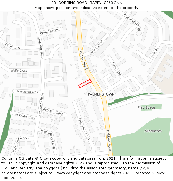 43, DOBBINS ROAD, BARRY, CF63 2NN: Location map and indicative extent of plot