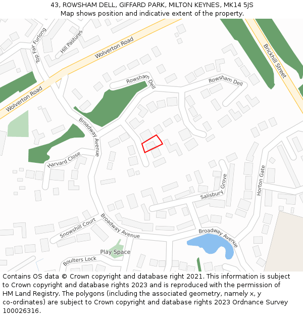 43, ROWSHAM DELL, GIFFARD PARK, MILTON KEYNES, MK14 5JS: Location map and indicative extent of plot