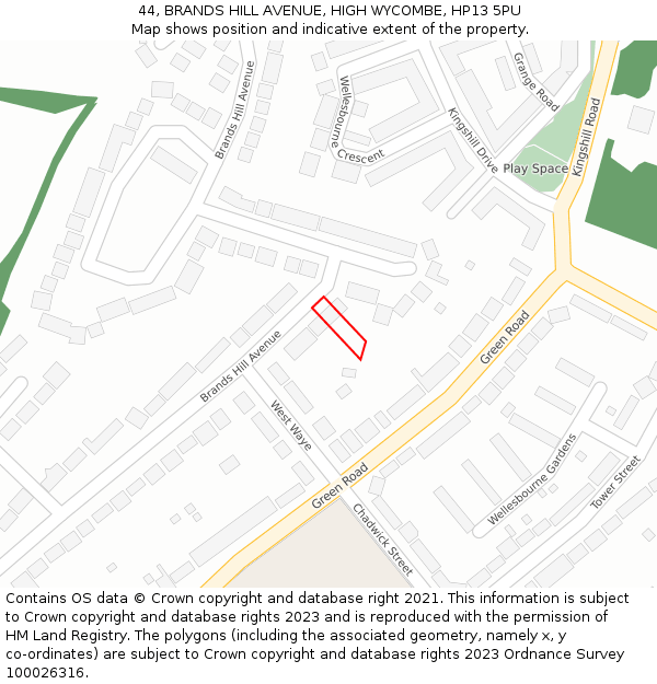 44, BRANDS HILL AVENUE, HIGH WYCOMBE, HP13 5PU: Location map and indicative extent of plot