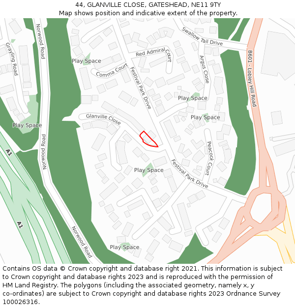 44, GLANVILLE CLOSE, GATESHEAD, NE11 9TY: Location map and indicative extent of plot