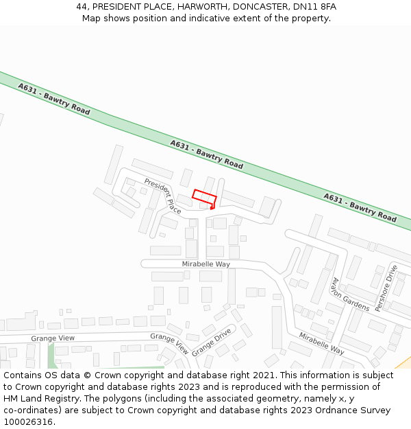 44, PRESIDENT PLACE, HARWORTH, DONCASTER, DN11 8FA: Location map and indicative extent of plot