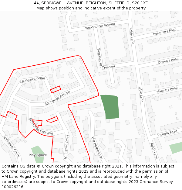 44, SPRINGWELL AVENUE, BEIGHTON, SHEFFIELD, S20 1XD: Location map and indicative extent of plot