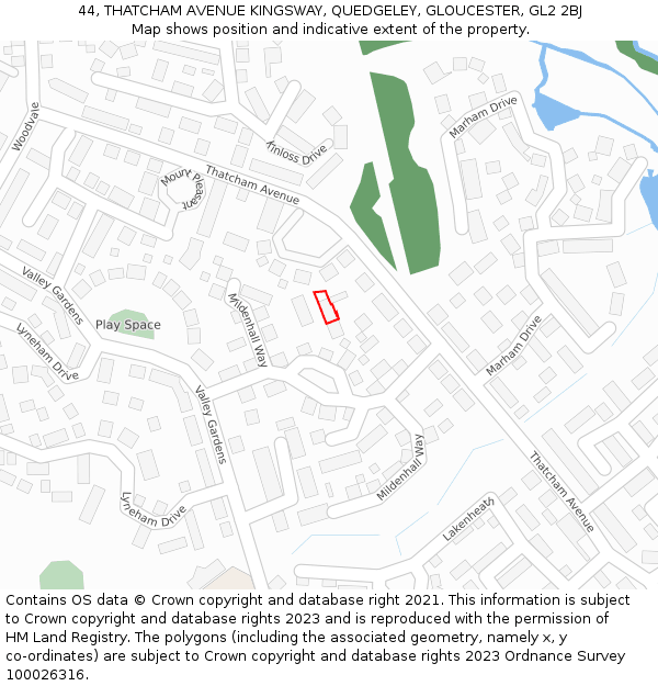 44, THATCHAM AVENUE KINGSWAY, QUEDGELEY, GLOUCESTER, GL2 2BJ: Location map and indicative extent of plot