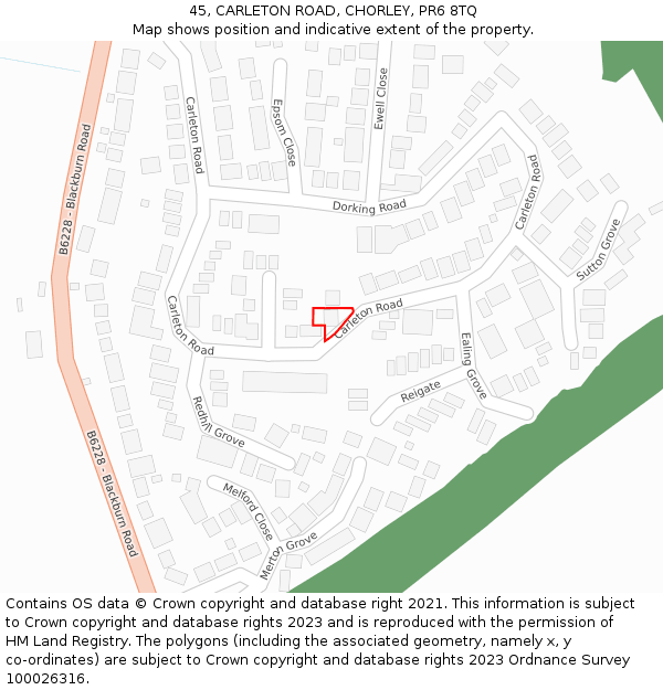 45, CARLETON ROAD, CHORLEY, PR6 8TQ: Location map and indicative extent of plot