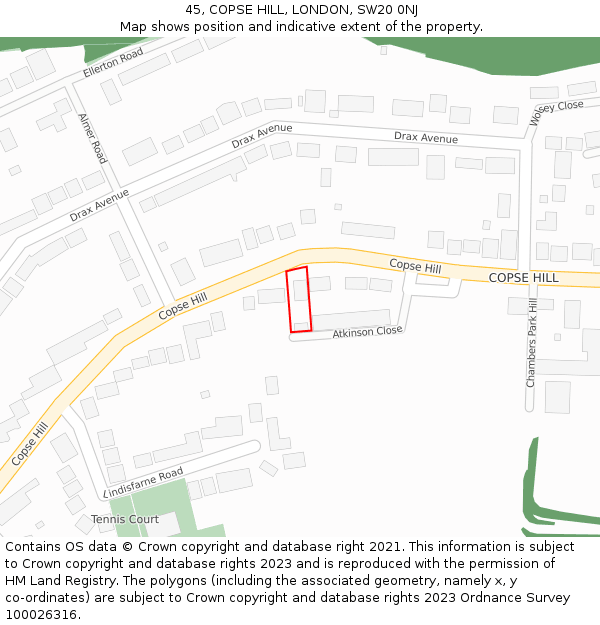 45, COPSE HILL, LONDON, SW20 0NJ: Location map and indicative extent of plot