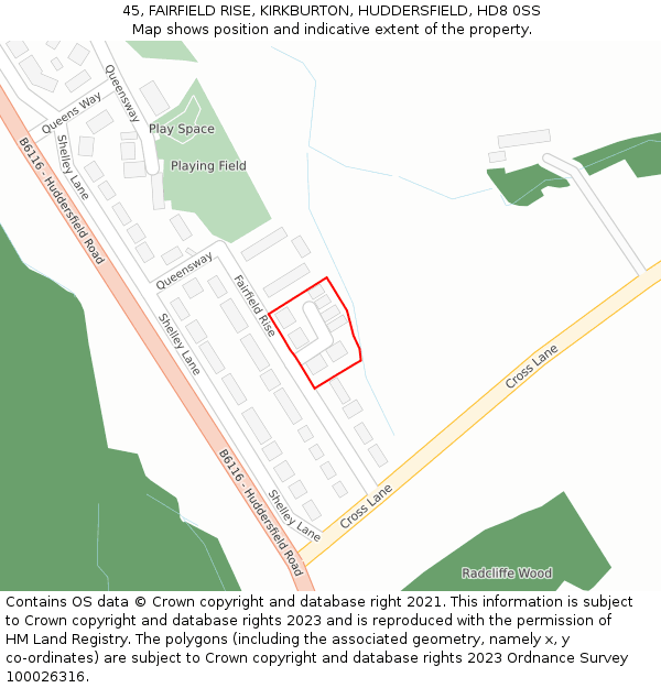 45, FAIRFIELD RISE, KIRKBURTON, HUDDERSFIELD, HD8 0SS: Location map and indicative extent of plot