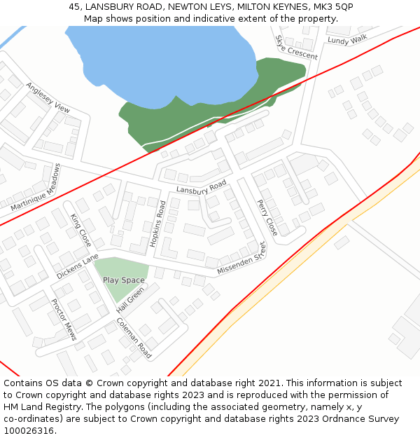 45, LANSBURY ROAD, NEWTON LEYS, MILTON KEYNES, MK3 5QP: Location map and indicative extent of plot