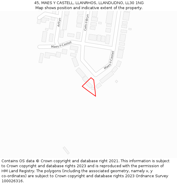 45, MAES Y CASTELL, LLANRHOS, LLANDUDNO, LL30 1NG: Location map and indicative extent of plot