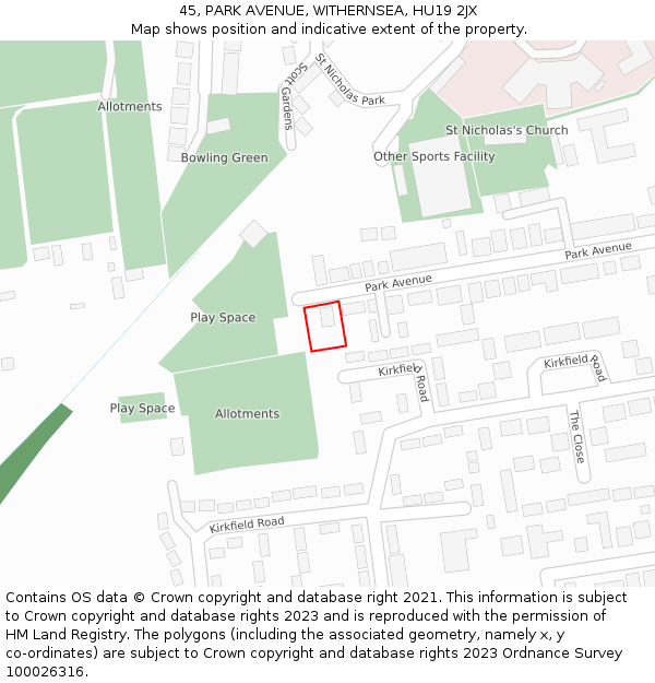 45, PARK AVENUE, WITHERNSEA, HU19 2JX: Location map and indicative extent of plot