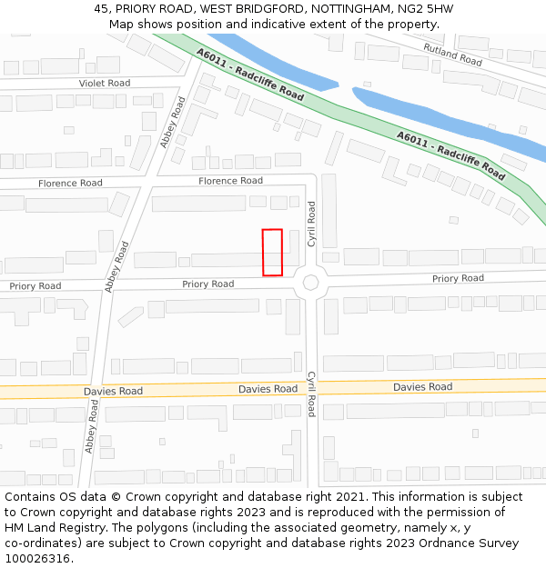 45, PRIORY ROAD, WEST BRIDGFORD, NOTTINGHAM, NG2 5HW: Location map and indicative extent of plot