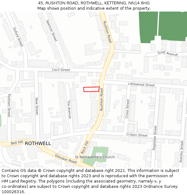 45, RUSHTON ROAD, ROTHWELL, KETTERING, NN14 6HG: Location map and indicative extent of plot