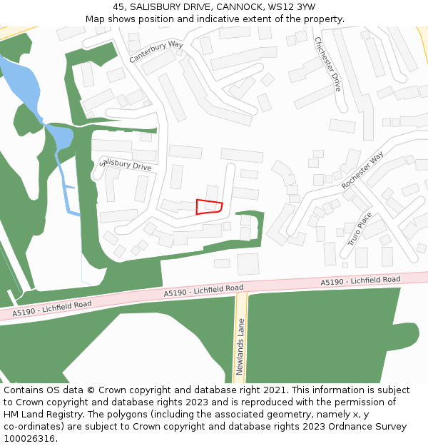 45, SALISBURY DRIVE, CANNOCK, WS12 3YW: Location map and indicative extent of plot