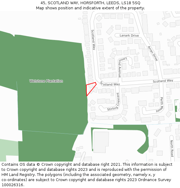 45, SCOTLAND WAY, HORSFORTH, LEEDS, LS18 5SQ: Location map and indicative extent of plot