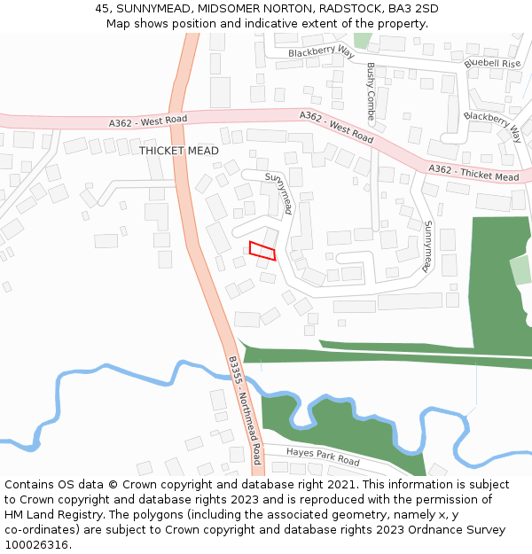 45, SUNNYMEAD, MIDSOMER NORTON, RADSTOCK, BA3 2SD: Location map and indicative extent of plot