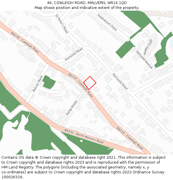 46, COWLEIGH ROAD, MALVERN, WR14 1QD: Location map and indicative extent of plot