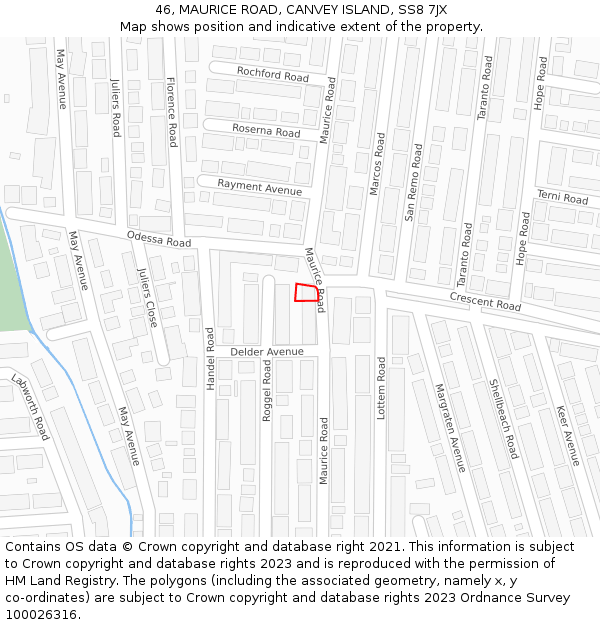 46, MAURICE ROAD, CANVEY ISLAND, SS8 7JX: Location map and indicative extent of plot