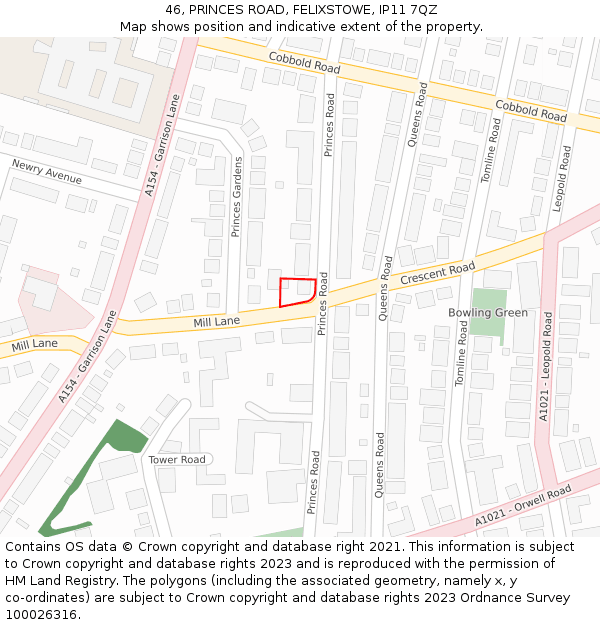 46, PRINCES ROAD, FELIXSTOWE, IP11 7QZ: Location map and indicative extent of plot