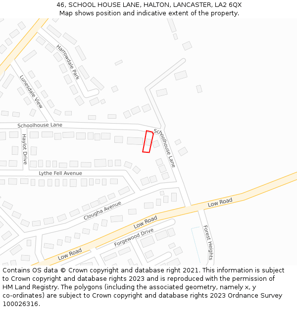 46, SCHOOL HOUSE LANE, HALTON, LANCASTER, LA2 6QX: Location map and indicative extent of plot