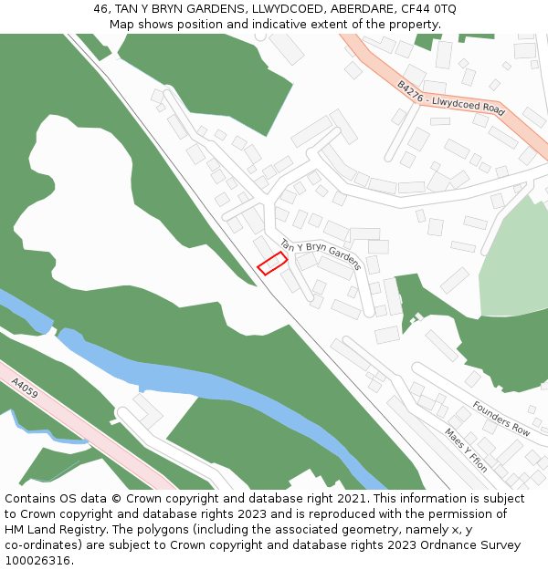 46, TAN Y BRYN GARDENS, LLWYDCOED, ABERDARE, CF44 0TQ: Location map and indicative extent of plot