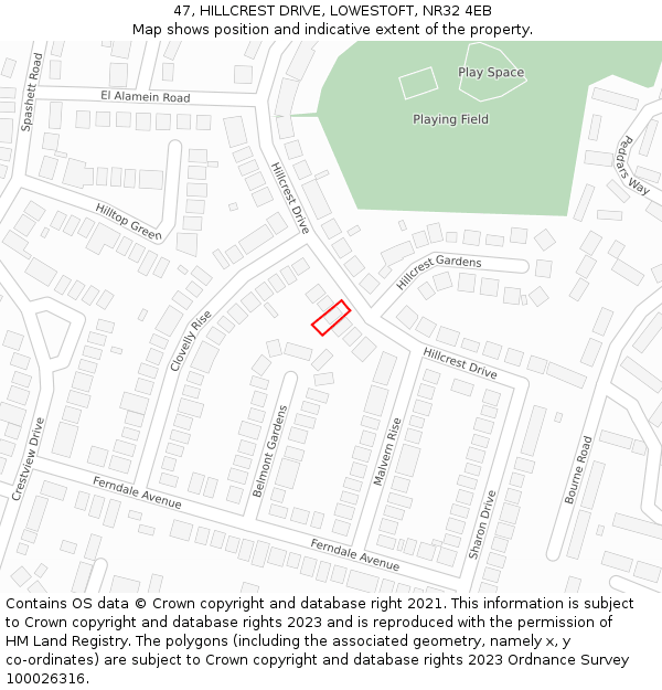 47, HILLCREST DRIVE, LOWESTOFT, NR32 4EB: Location map and indicative extent of plot