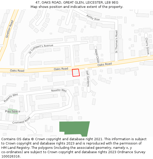 47, OAKS ROAD, GREAT GLEN, LEICESTER, LE8 9EG: Location map and indicative extent of plot