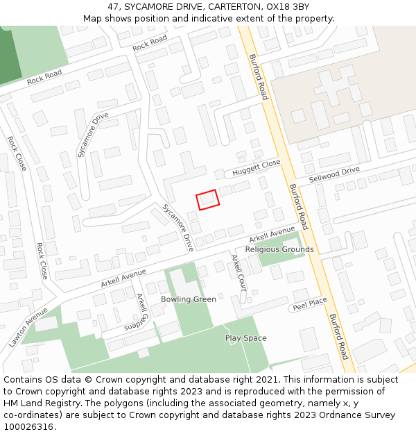 47, SYCAMORE DRIVE, CARTERTON, OX18 3BY: Location map and indicative extent of plot