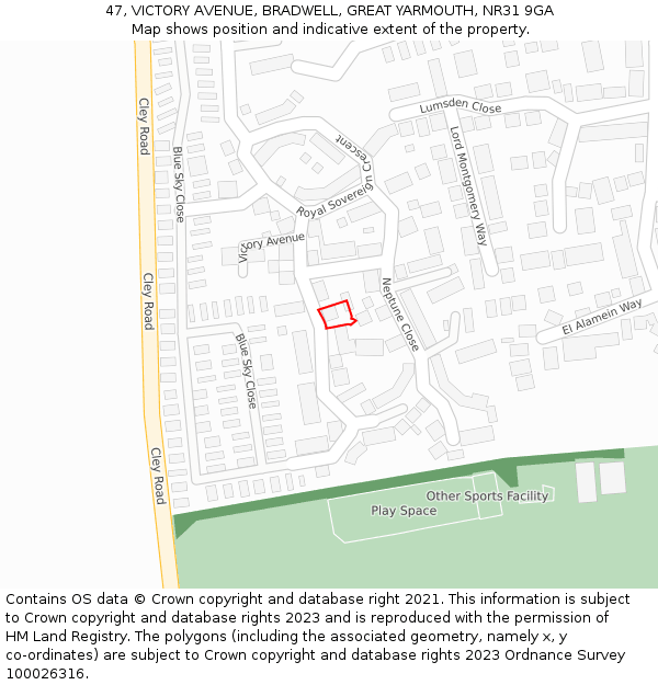 47, VICTORY AVENUE, BRADWELL, GREAT YARMOUTH, NR31 9GA: Location map and indicative extent of plot