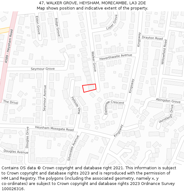 47, WALKER GROVE, HEYSHAM, MORECAMBE, LA3 2DE: Location map and indicative extent of plot