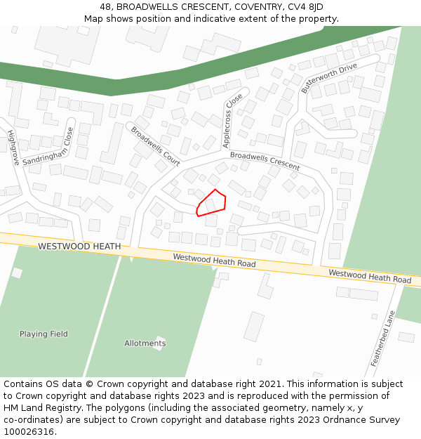 48, BROADWELLS CRESCENT, COVENTRY, CV4 8JD: Location map and indicative extent of plot