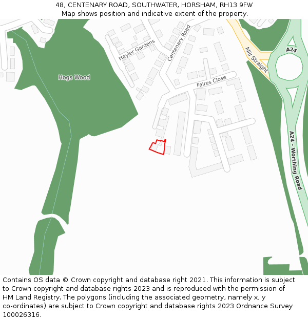 48, CENTENARY ROAD, SOUTHWATER, HORSHAM, RH13 9FW: Location map and indicative extent of plot