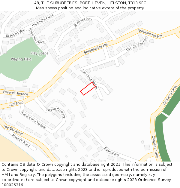 48, THE SHRUBBERIES, PORTHLEVEN, HELSTON, TR13 9FG: Location map and indicative extent of plot