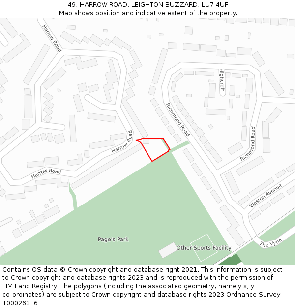 49, HARROW ROAD, LEIGHTON BUZZARD, LU7 4UF: Location map and indicative extent of plot