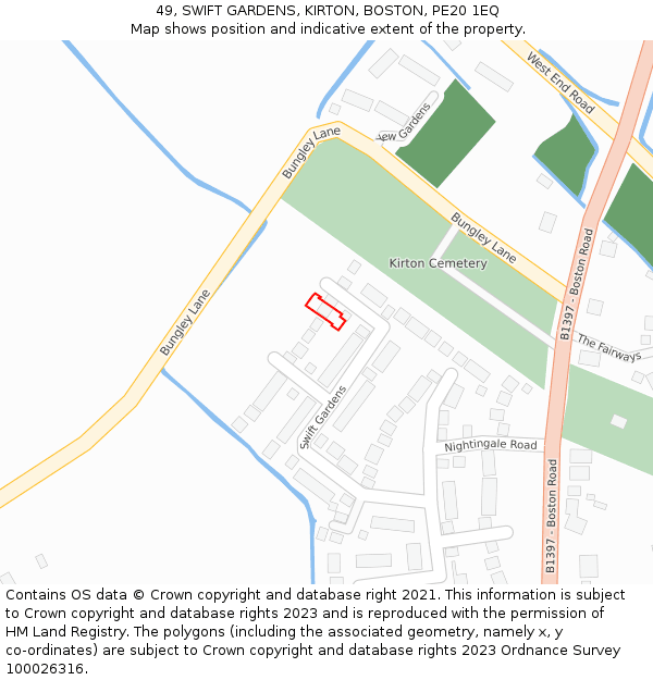 49, SWIFT GARDENS, KIRTON, BOSTON, PE20 1EQ: Location map and indicative extent of plot