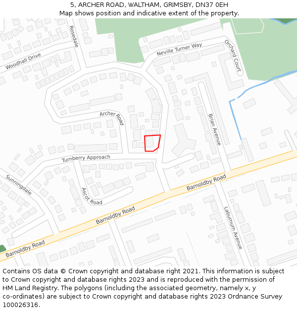 5, ARCHER ROAD, WALTHAM, GRIMSBY, DN37 0EH: Location map and indicative extent of plot