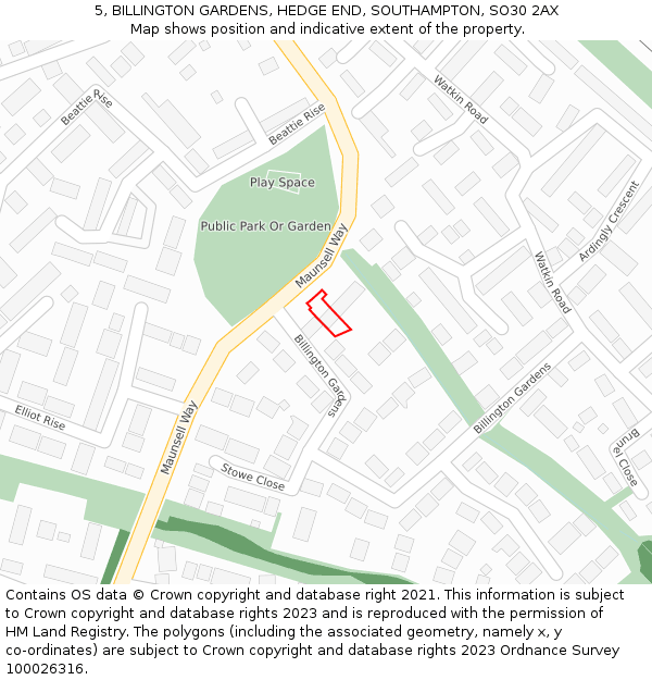 5, BILLINGTON GARDENS, HEDGE END, SOUTHAMPTON, SO30 2AX: Location map and indicative extent of plot