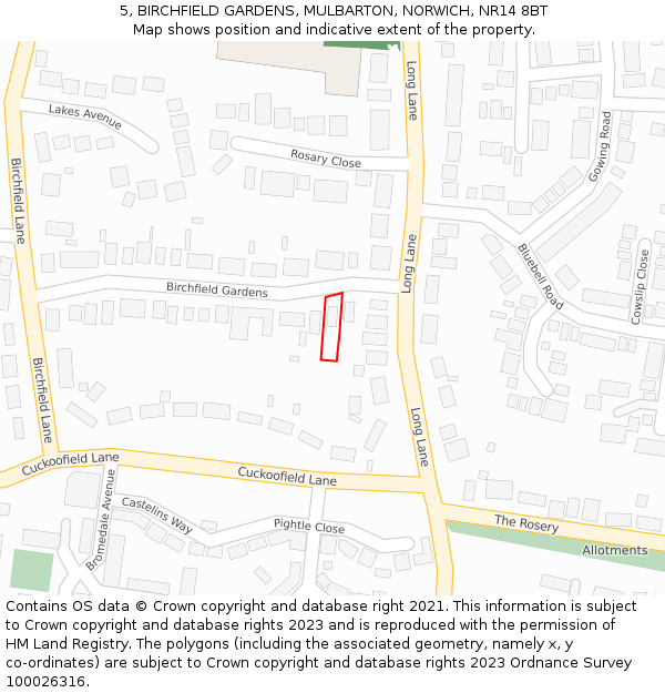 5, BIRCHFIELD GARDENS, MULBARTON, NORWICH, NR14 8BT: Location map and indicative extent of plot