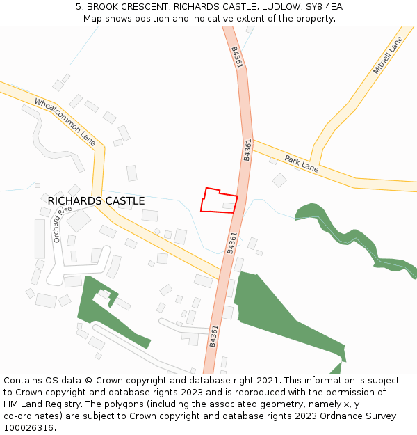 5, BROOK CRESCENT, RICHARDS CASTLE, LUDLOW, SY8 4EA: Location map and indicative extent of plot