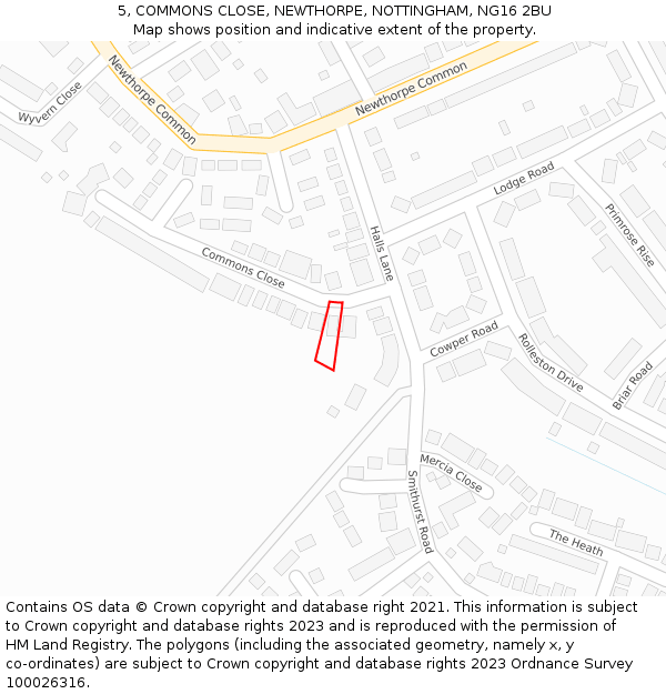 5, COMMONS CLOSE, NEWTHORPE, NOTTINGHAM, NG16 2BU: Location map and indicative extent of plot